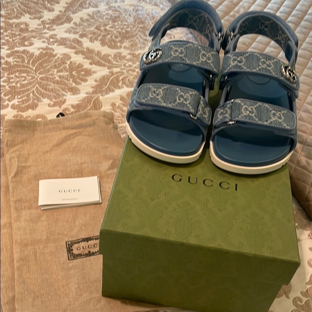 Gucci Denim Blue Double Strap Sandals